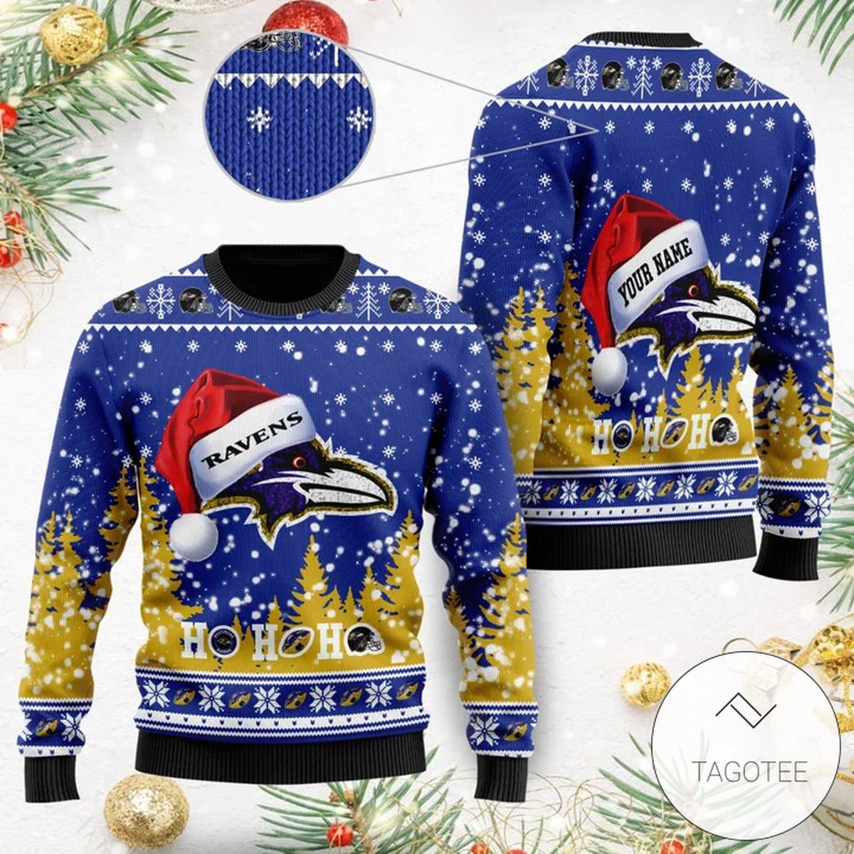 Baltimore Ravens Symbol Wearing Santa Claus Hat Ho Ho Ho Custom Personalized Ugly Christmas Sweater