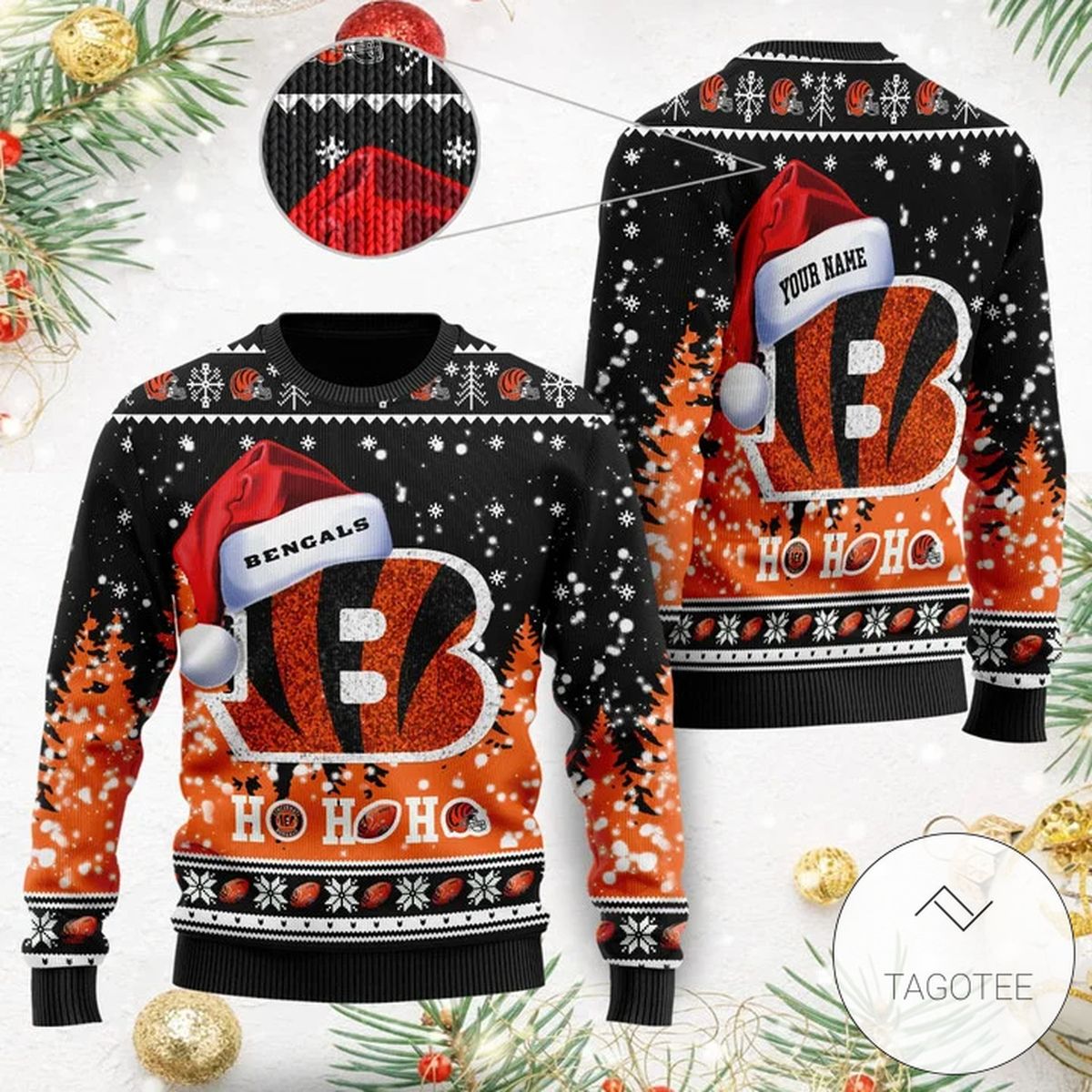 Cincinnati Bengals Symbol Wearing Santa Claus Hat Ho Ho Ho Personalized Ugly Christmas Sweater