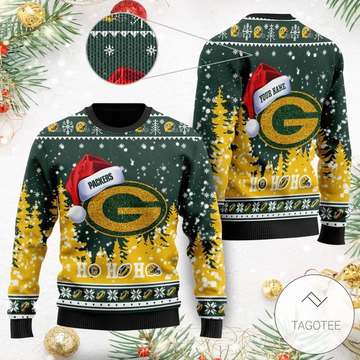 Green Bay Packers Symbol Wearing Santa Claus Hat Ho Ho Ho Custom Personalized Ugly Christmas Sweater