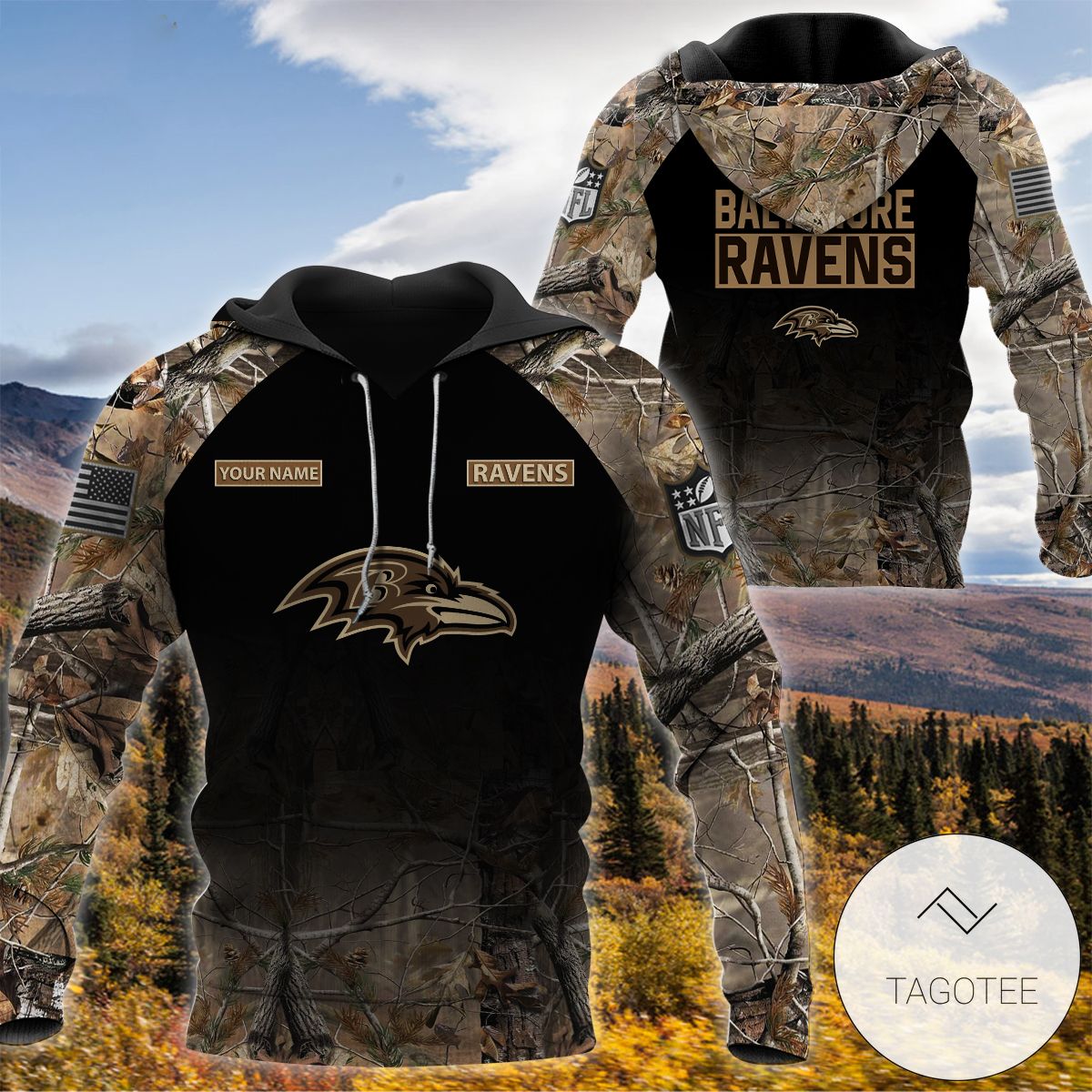 Personalized Your Name Hunting Camo Style Baltimore Ravens Full Print Hoodie