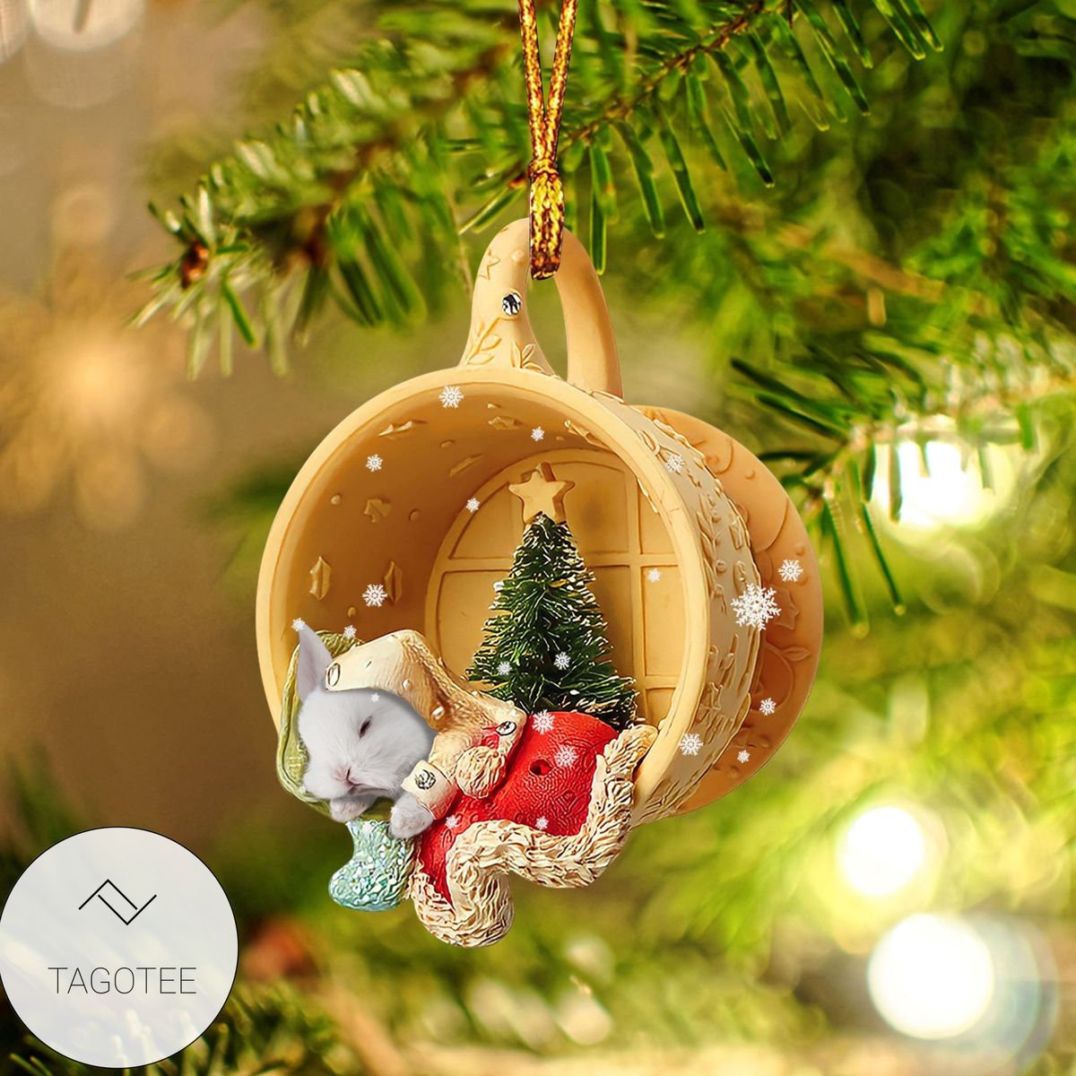 Rabbit Sleeping In A Tiny Cup Christmas Holiday Ornament