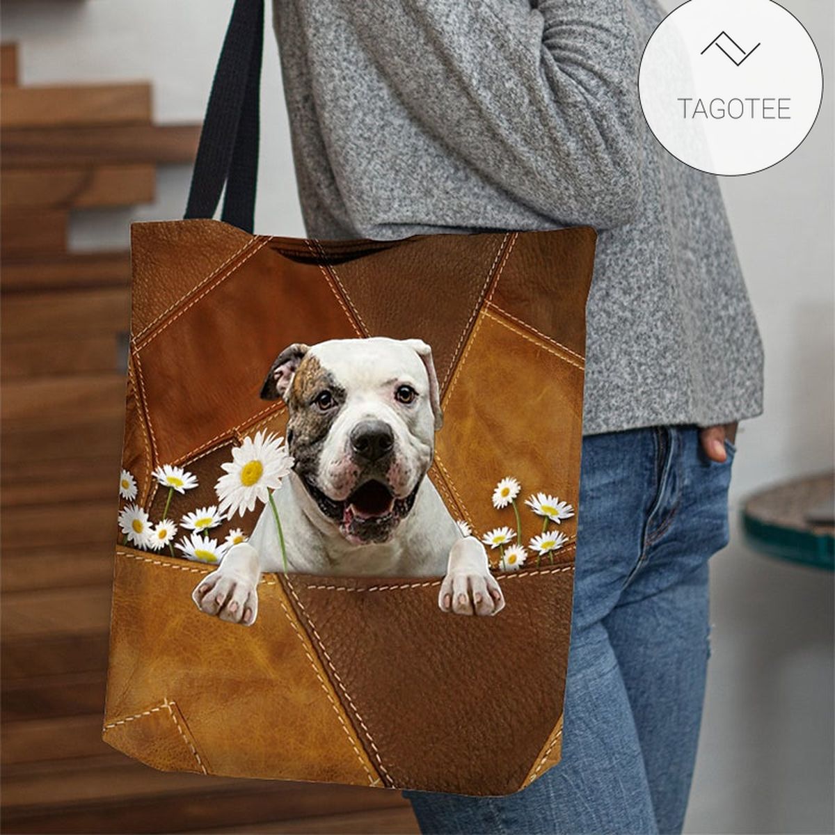 American Bulldog Holding Daisy All Over Printed Tote Bag