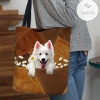 American Eskimo Holding Daisy All Over Printed Tote Bag