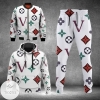 Louis Vuitton Brand Big Logo Over Printed White Hoodie And Pants