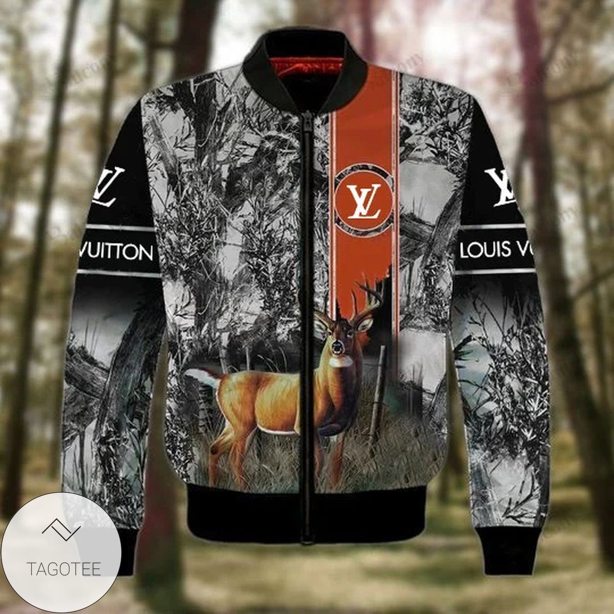 Louis Vuitton Brand Logo Printed Deer In Forest 3d Bomber Jacket