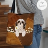 Shih Tzu Holding Daisy All Over Printed Tote Bag