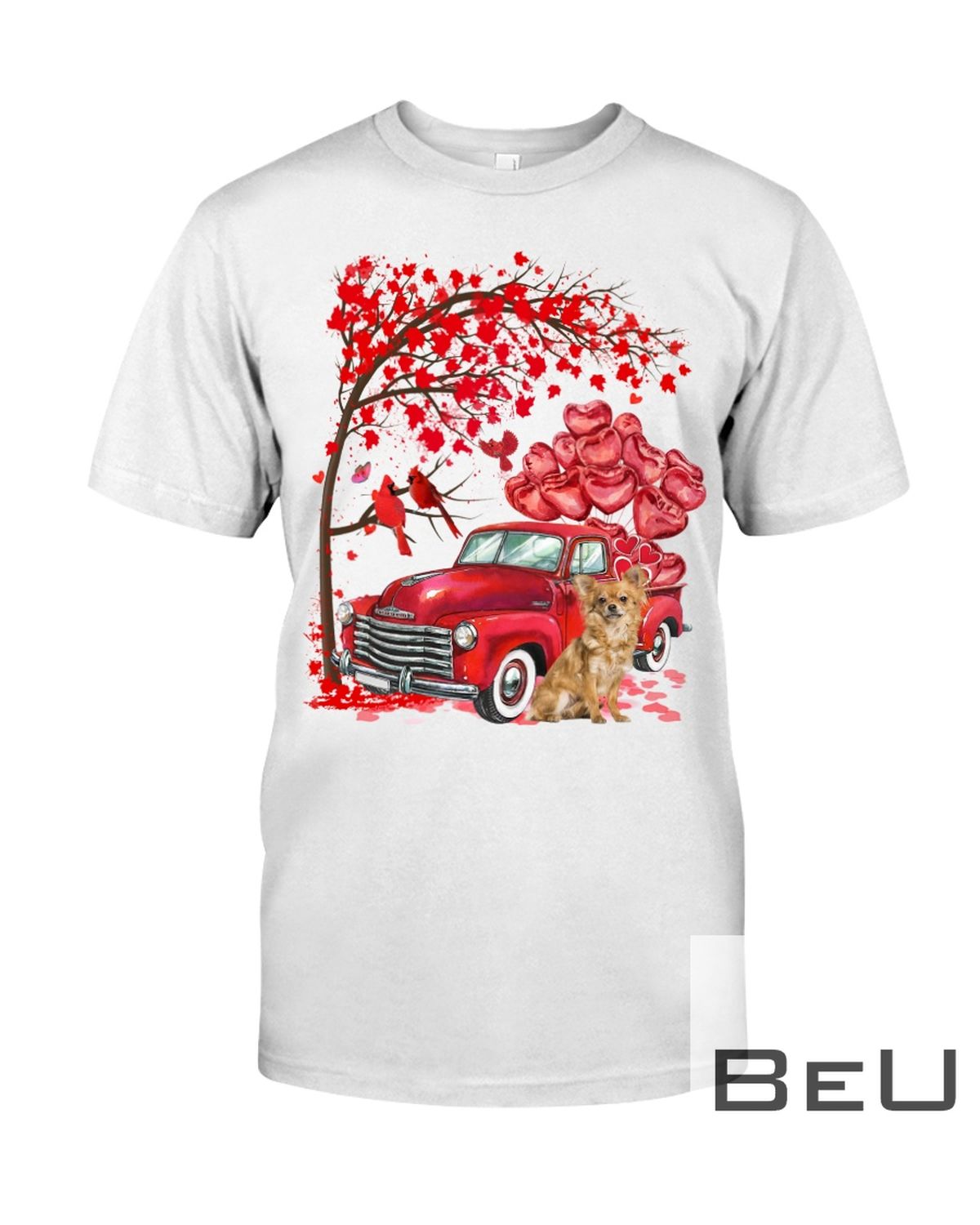 Tan Long Haired Chihuahua Valentine Day Tree Truck Heart Shirt