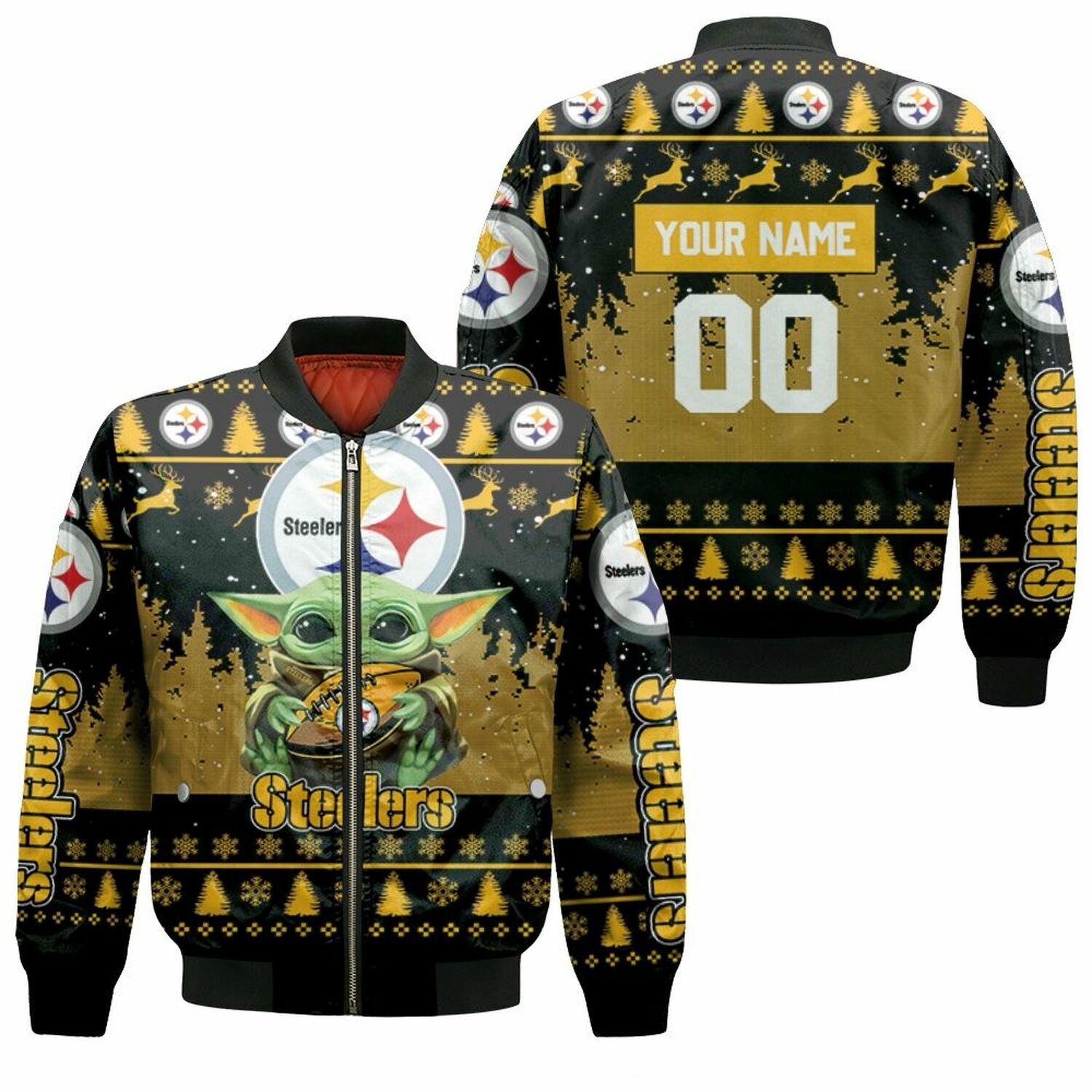 Baby Yoda Hugs Pittsburgh Steelers Football Personalized 1 Bomber Jacket