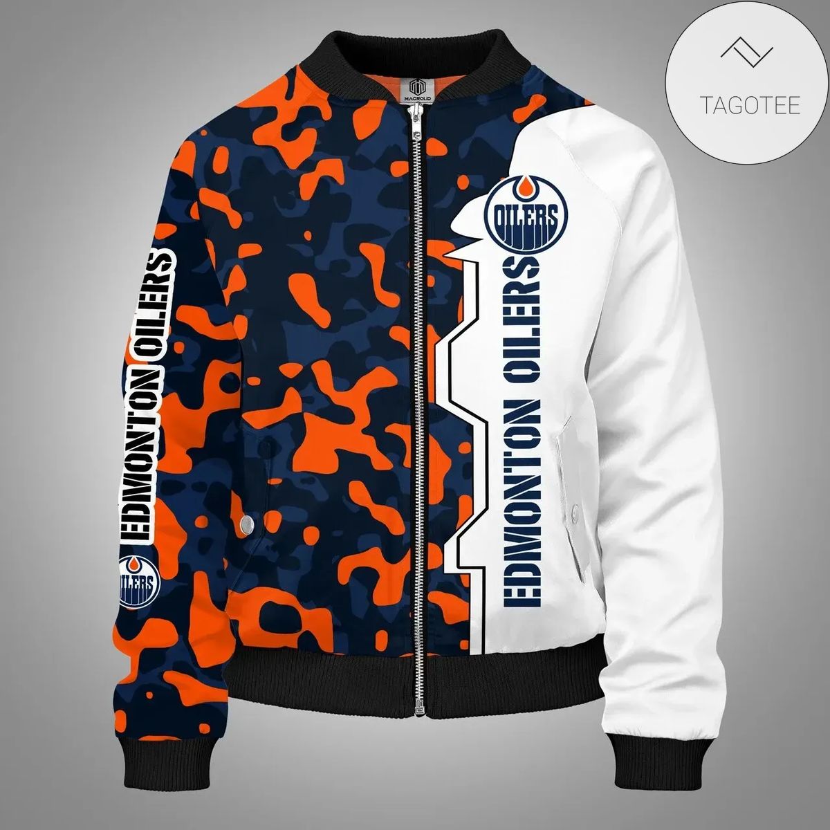Blue And Orange Camo Edmonton Oilers Team 3d Printed Unisex Bomber Jacket
