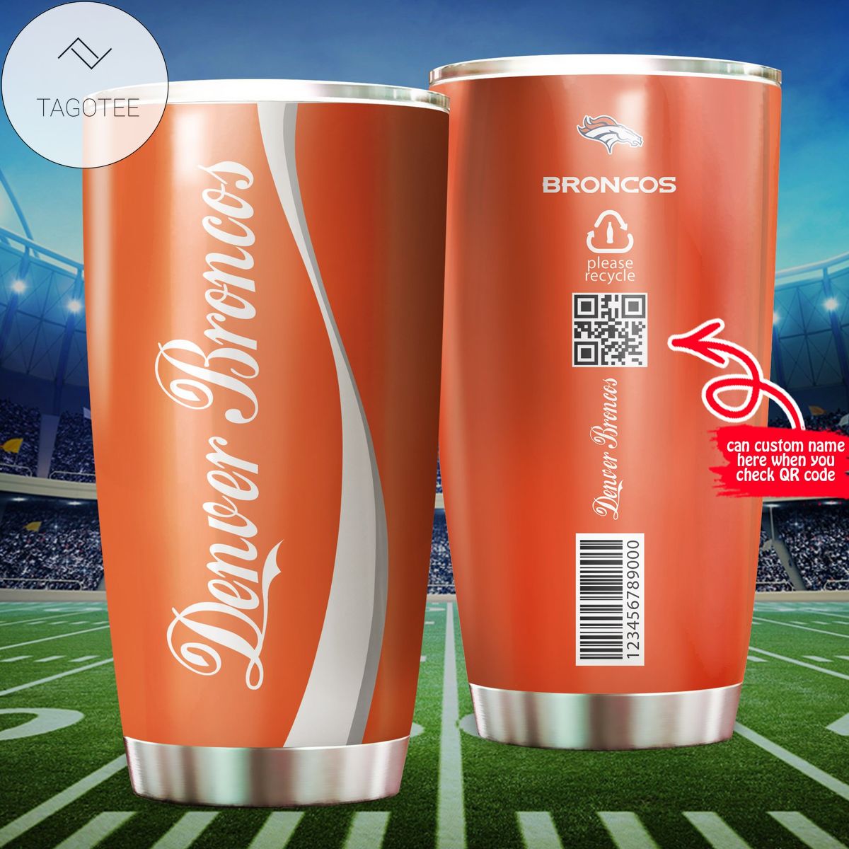 Denver Broncos Coca Cola Design Custom Name QR Code Stainless Steel Tumblers Cup 20 oz Drinkware Personalized Gifts For NFL Fans