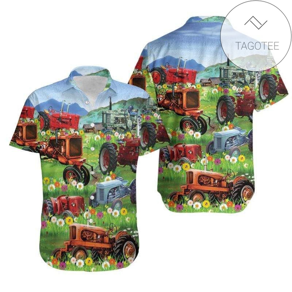Amazing Red Tractors In Beautiful Place Unisex 2022 Authentic Hawaiian Aloha Shirts