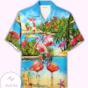 Beautiful Flamingo On The Beach Blue And Pink Unisex Hawaiian Aloha Shirts