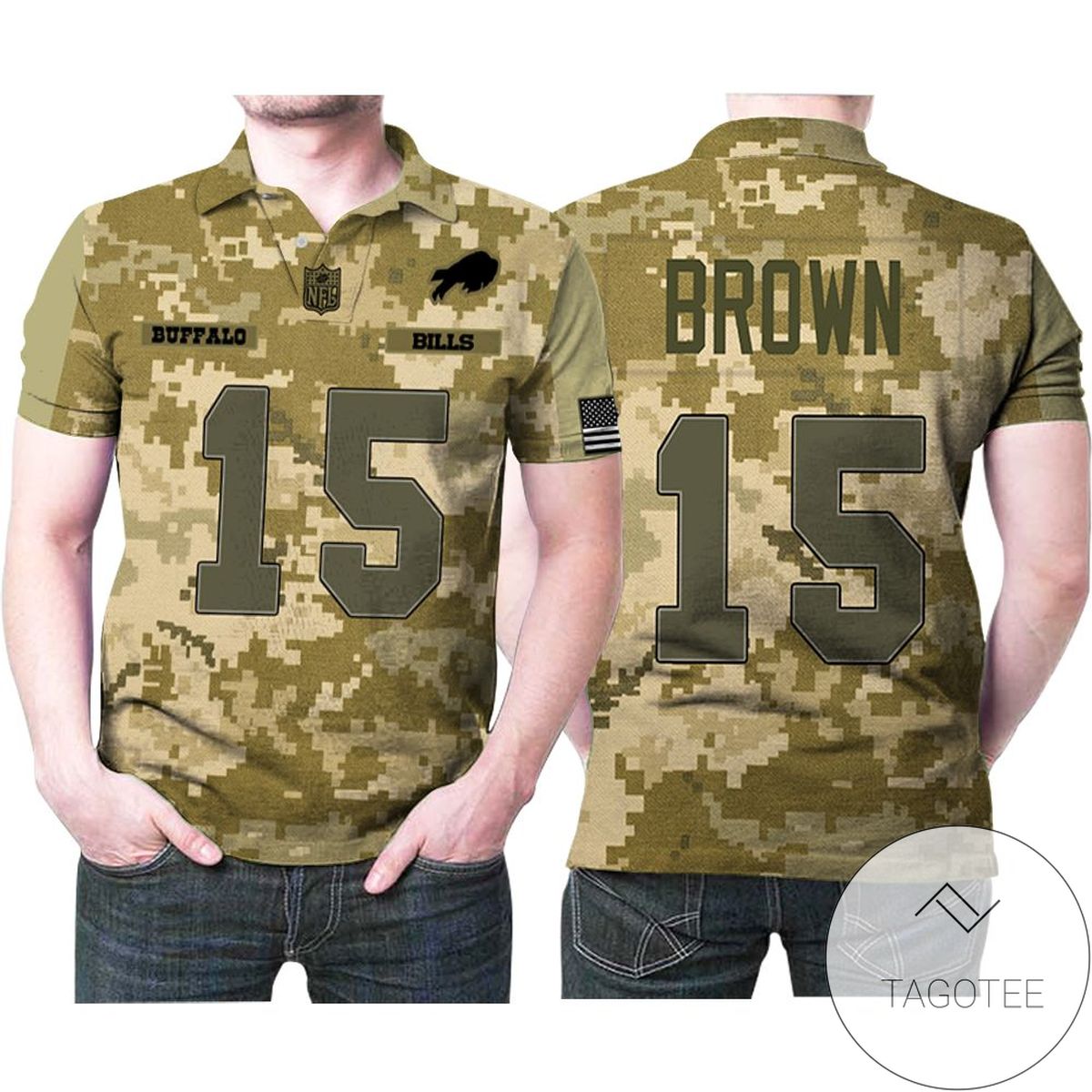 Buffalo Bills John Brown #15 Great Player Nfl American Football Team Logo Camouflage 3d Designed Allover Gift For Bills Fans All Over Print Polo Shirt