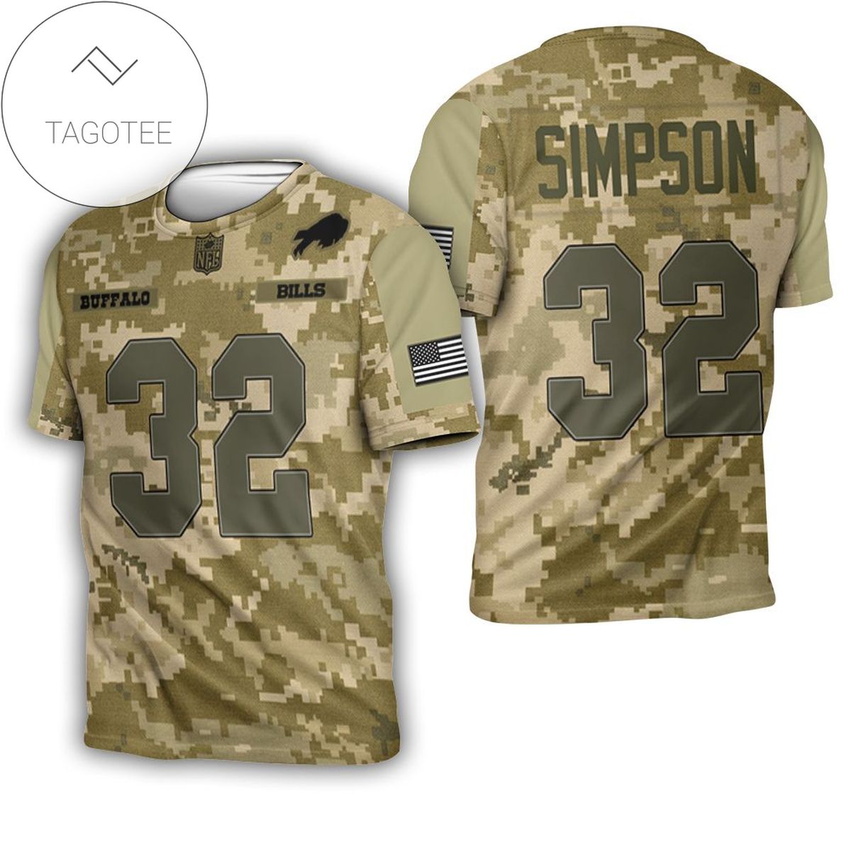 Buffalo Bills O J Simpson #32 Great Player Nfl American Football Team Logo Camouflage 3d Designed Allover Gift For Bills Fans 3d All Over Print T-shirt