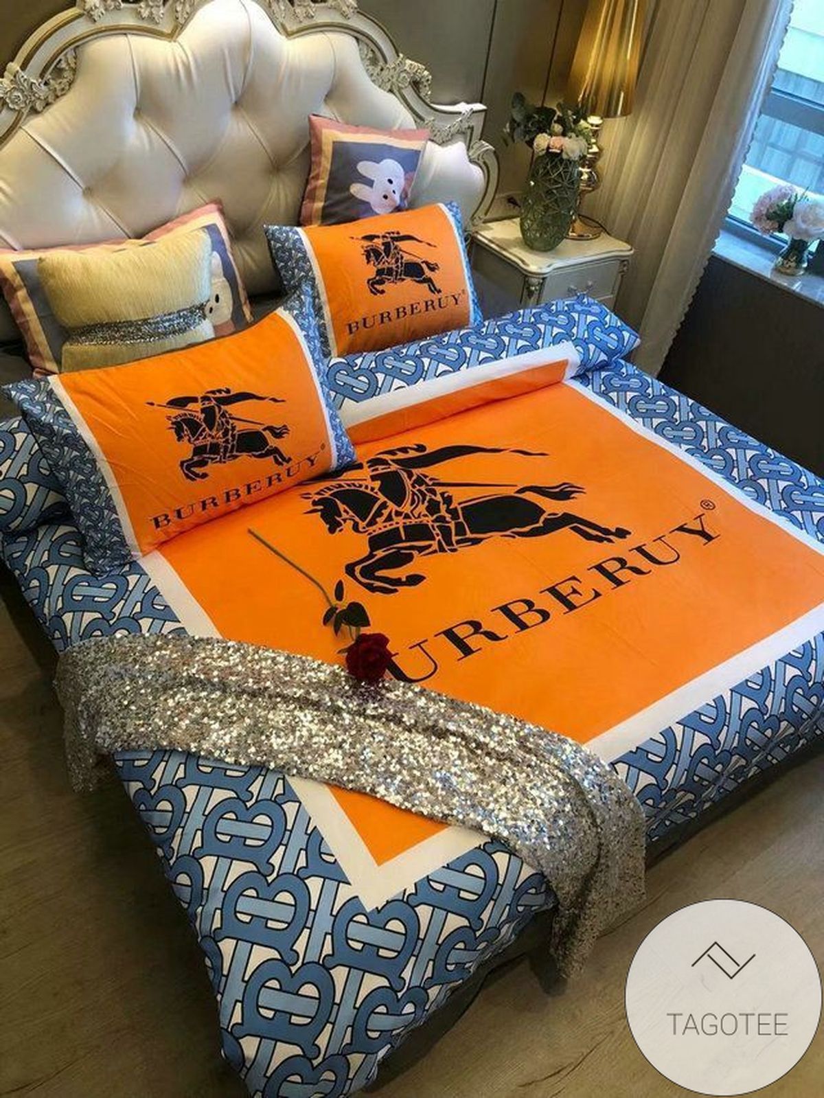 Burberry Blue Orange 6 Bedding Sets Duvet Cover Sheet Cover Pillow Cases Luxury Bedroom Sets 2022