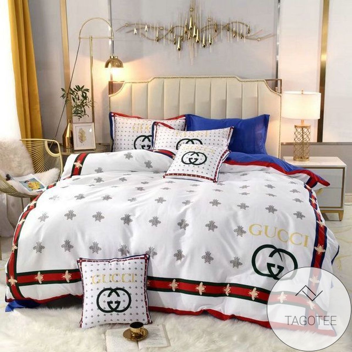 Gucci Bee White Red Style 2 Bedding Sets Duvet Cover Sheet Cover Pillow Cases Luxury Bedroom Sets 2022