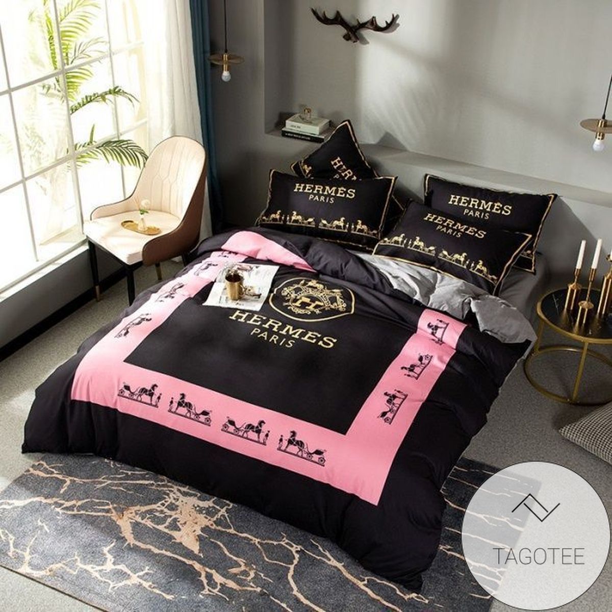 Hermes Paris Pink Black Style 2 Bedding Sets Duvet Cover Sheet Cover Pillow Cases Luxury Bedroom Sets 2022