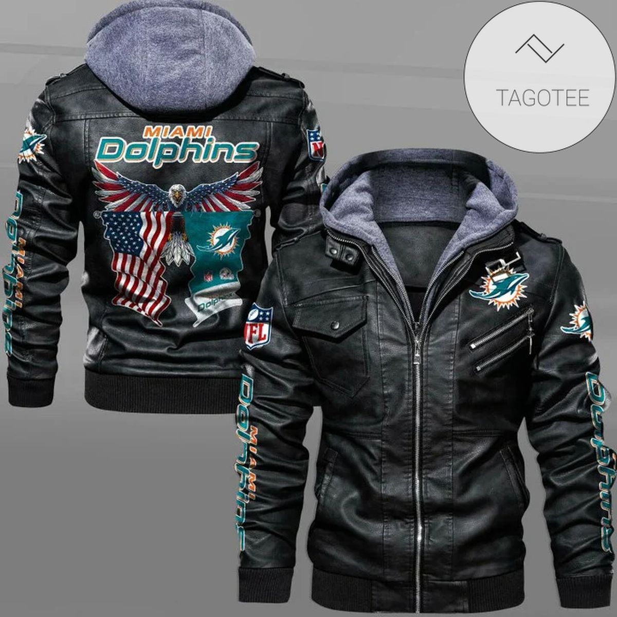 Miami Dolphins NFL Eagle Men's Hooded Leather Jacket