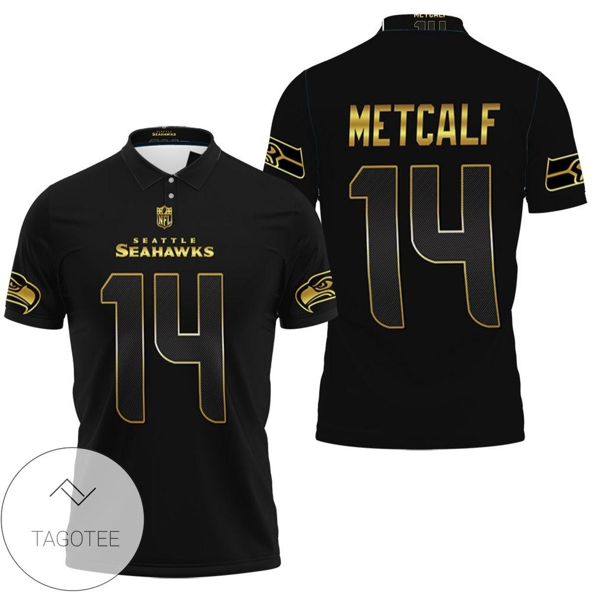 Seattle Seahawks Dk Metcalf #14 Nfl American Football Team Black Golden Edition 3d Designed Allover Gift For Seattle Fans All Over Print Polo Shirt