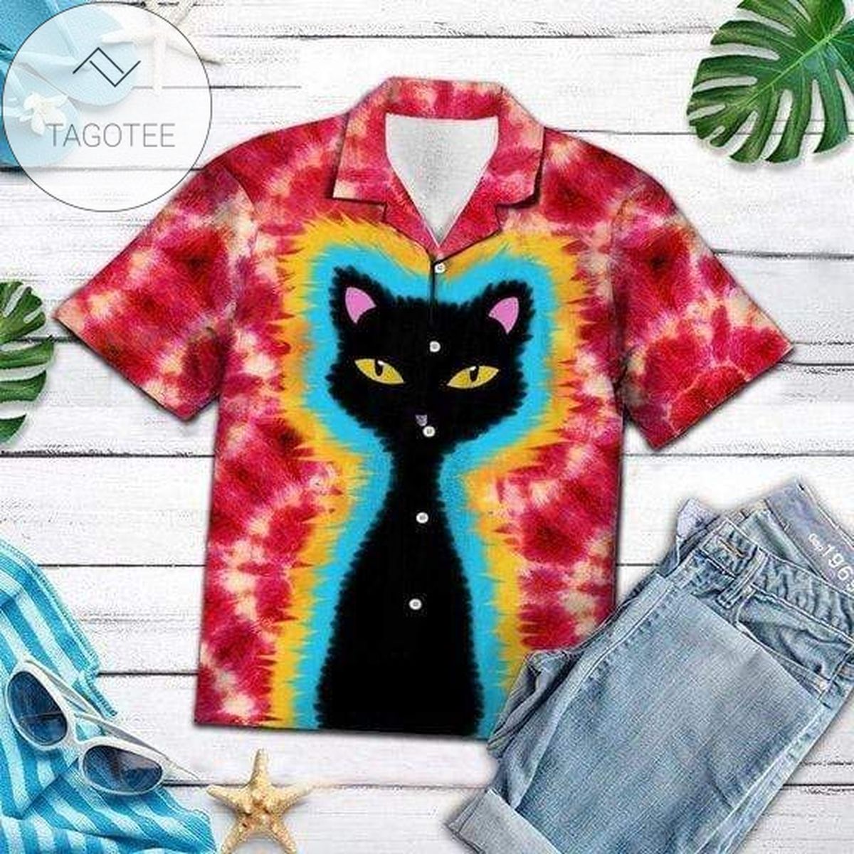 Tie-dye Hippie Black Cat Hawaiian Aloha Shirts