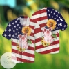 4th Of July Independence Day American Love Pig With Sunflower Graphic Print Short Sleeve Hawaiian Casual Shirt