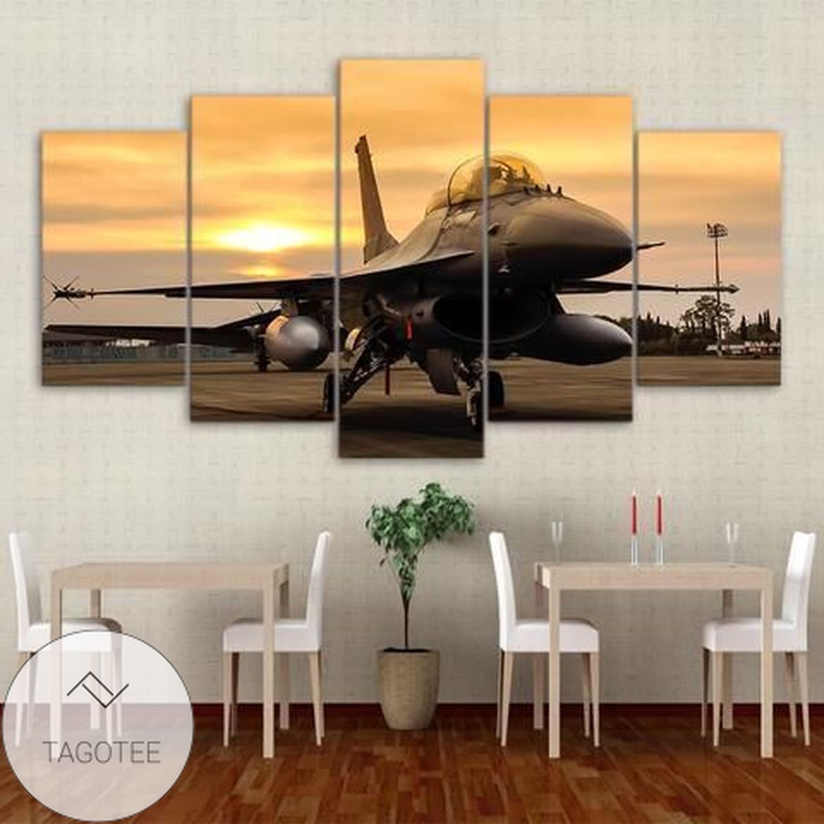 Airplane Sunset On Field Airplane Five Panel Canvas 5 Piece Wall Art Set