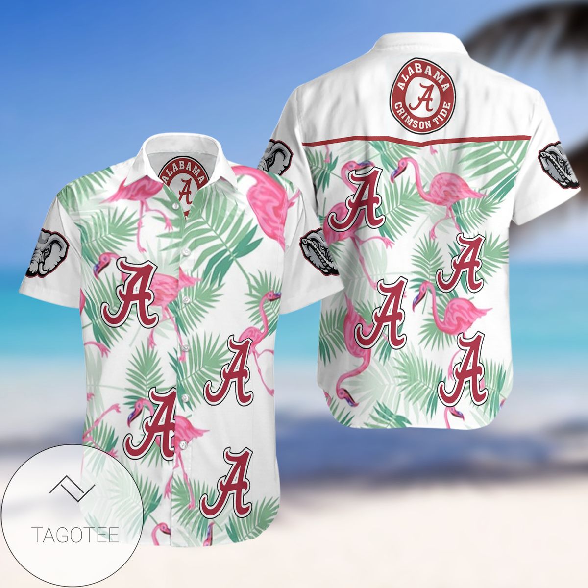 Alabama Crimson Tide Flamingo All Over Print Summer Short Sleeve Hawaiian Beach Shirt - White