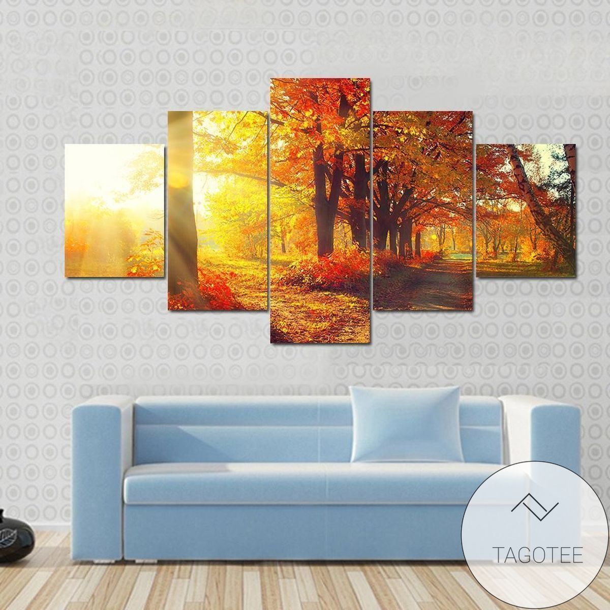 Autumnal Trees And Leaves In Sun Rays Nature Five Panel Canvas 5 Piece Wall Art Set