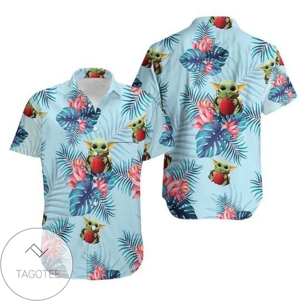 Baby Yoda Hugging Apples Seamless Tropical Colorful Flowers Blue Leaves On Blue Hawaiian Shirt Graphic Print Short Sleeve Hawaiian Casual Shirt