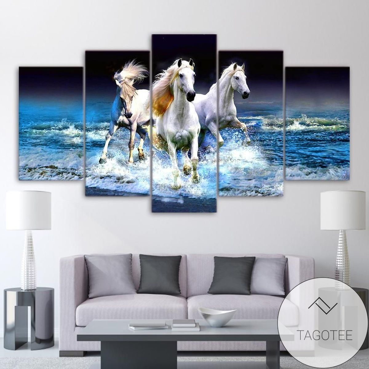 Beach Waves White Horses Racing Animal Five Panel Canvas 5 Piece Wall Art Set