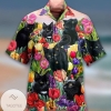 Black Cat Tropical Flowers Print Short Sleeve Hawaiian Casual Shirt