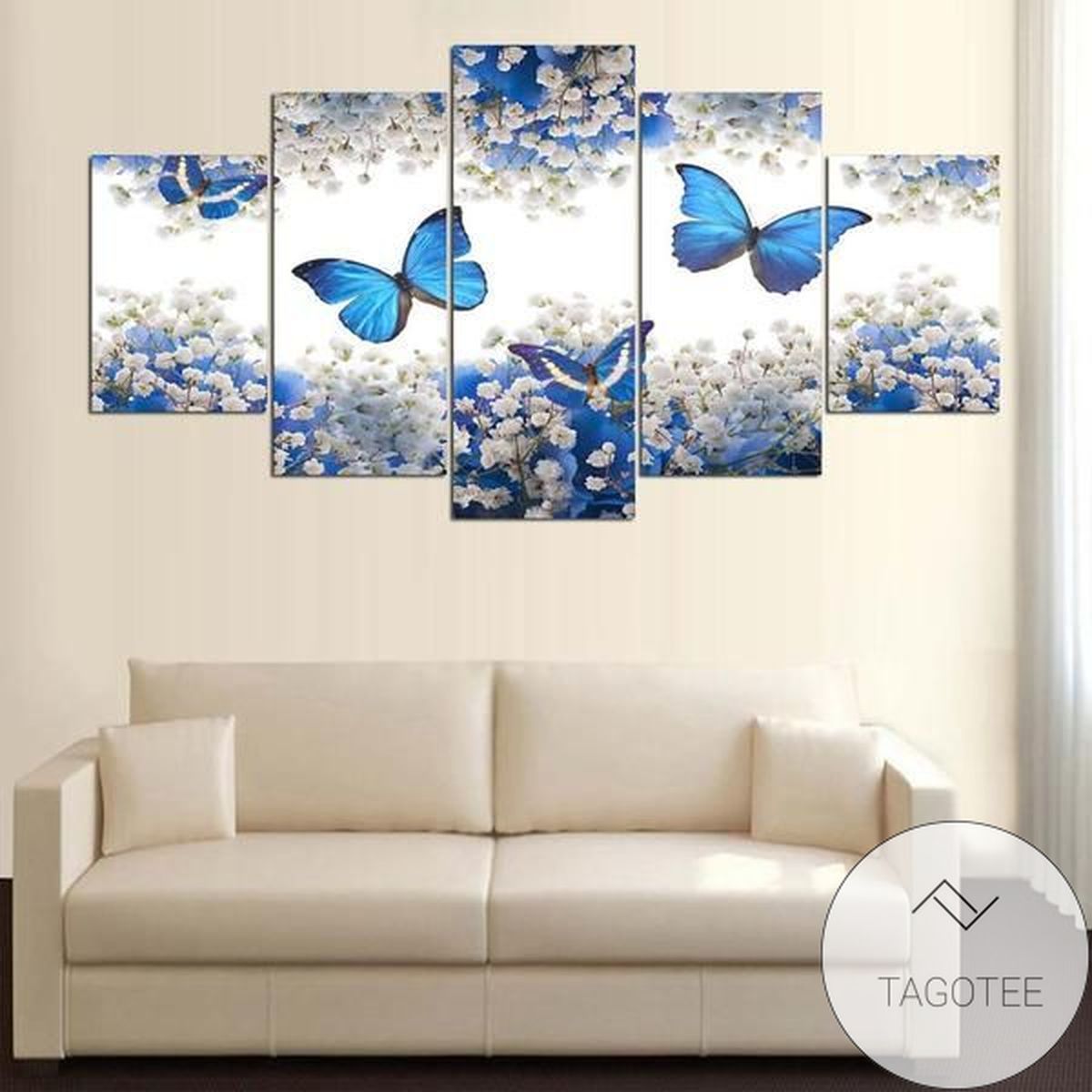 Blue Butterfly Butterflies Flowers Home Animal Five Panel Canvas 5 Piece Wall Art Set