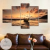 Boat On The Beach At Sunset Five Panel Canvas 5 Piece Wall Art Set