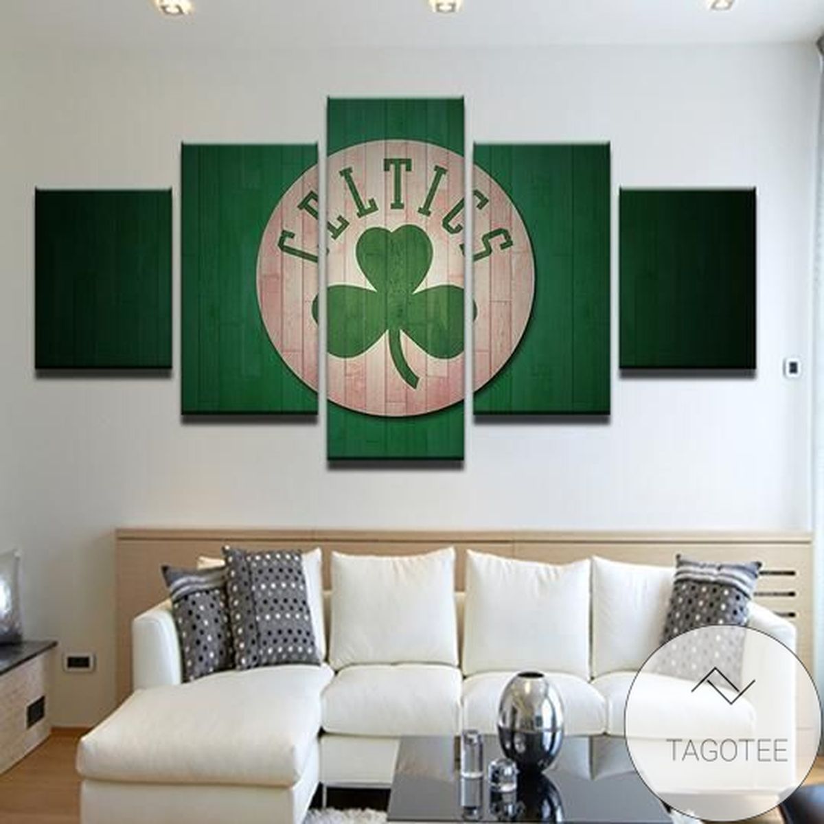 Boston Celtics Logo Over Floorboards Sport Five Panel Canvas 5 Piece Wall Art Set