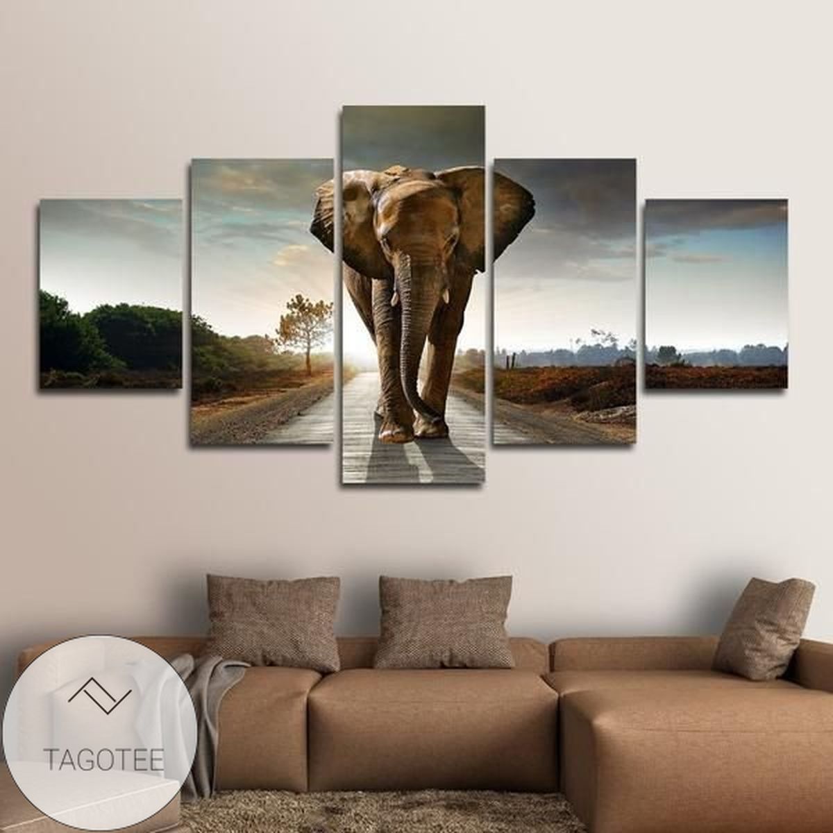 Brown African Elephant Animal Five Panel Canvas 5 Piece Wall Art Set