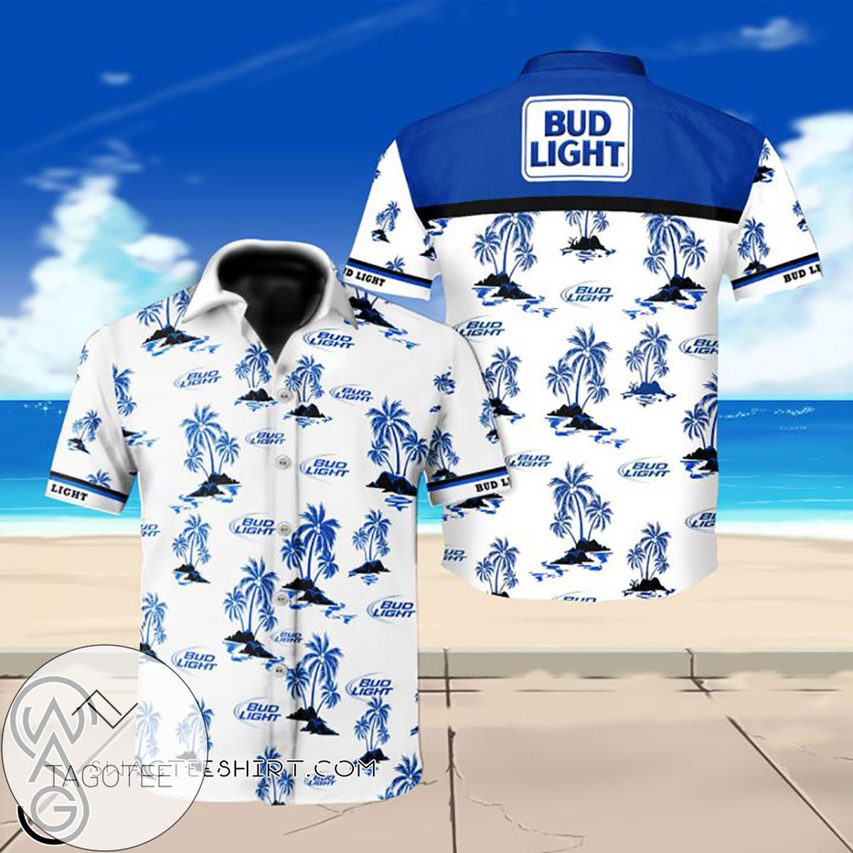 Bud Light Beer All Over Print Summer Short Sleeve Hawaiian Beach Shirt - White