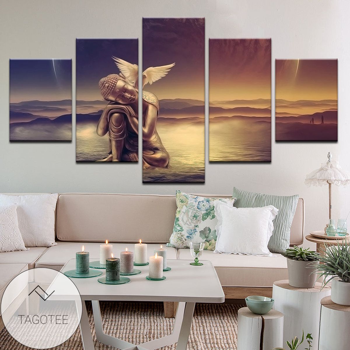 Buddha With Dove On Mountain Top Five Panel Canvas 5 Piece Wall Art Set
