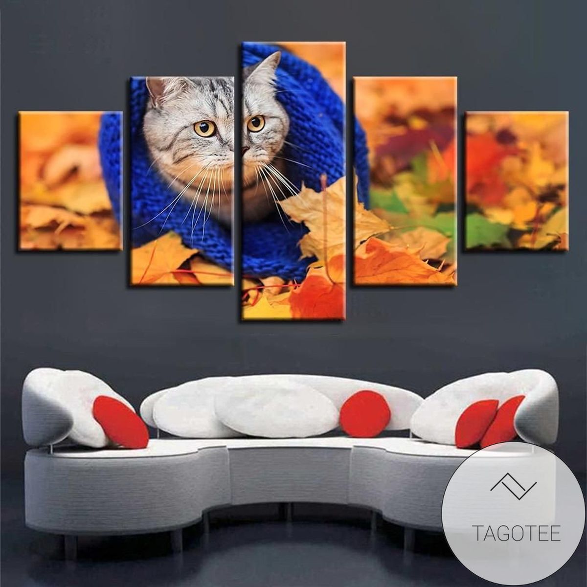 Cat Leaves Fall Animal Five Panel Canvas 5 Piece Wall Art Set