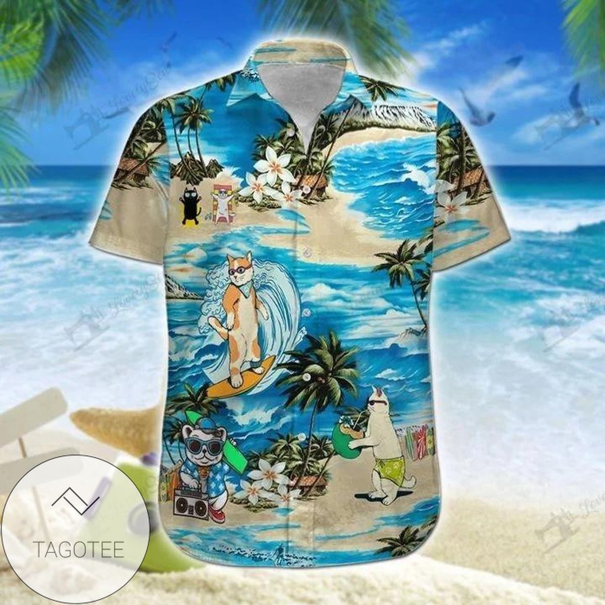 Cats Surf All Over Print Summer Short Sleeve Hawaiian Beach Shirt