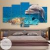 Dolphin And Green Sea Turtle Five Panel Canvas 5 Piece Wall Art Set