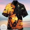 Halloween Black Cat And Pumpkin Print Short Sleeve Hawaiian Casual Shirt