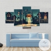Halloween Night With Pumpkin And Haunted HousesIllustration Nature Five Panel Canvas 5 Piece Wall Art Set