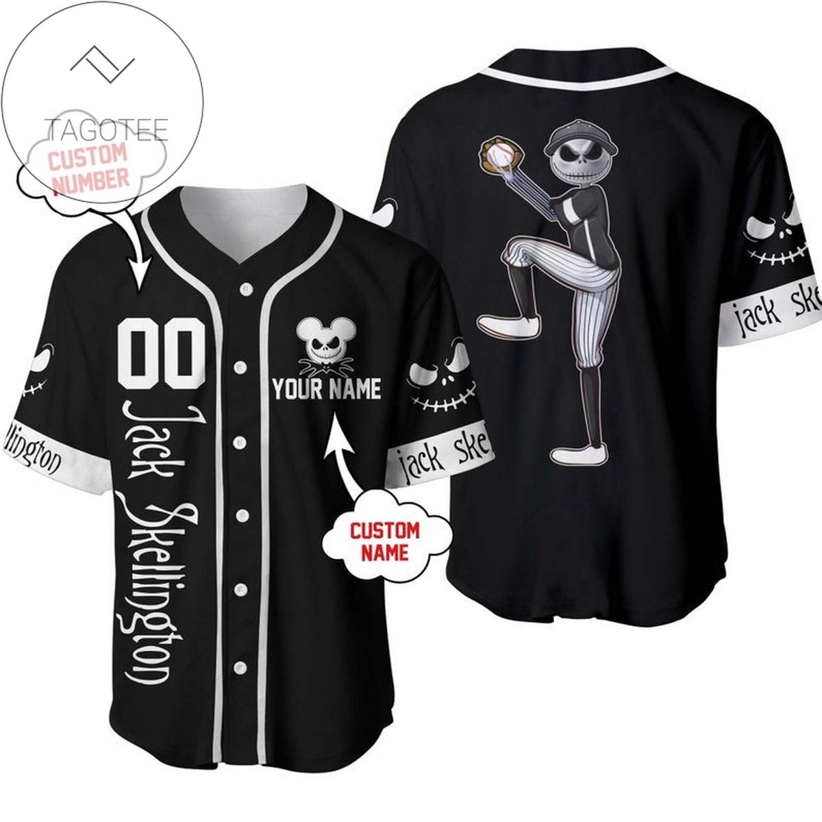 Personalized Jack Skellington Disney All Over Print Baseball Jersey - Black