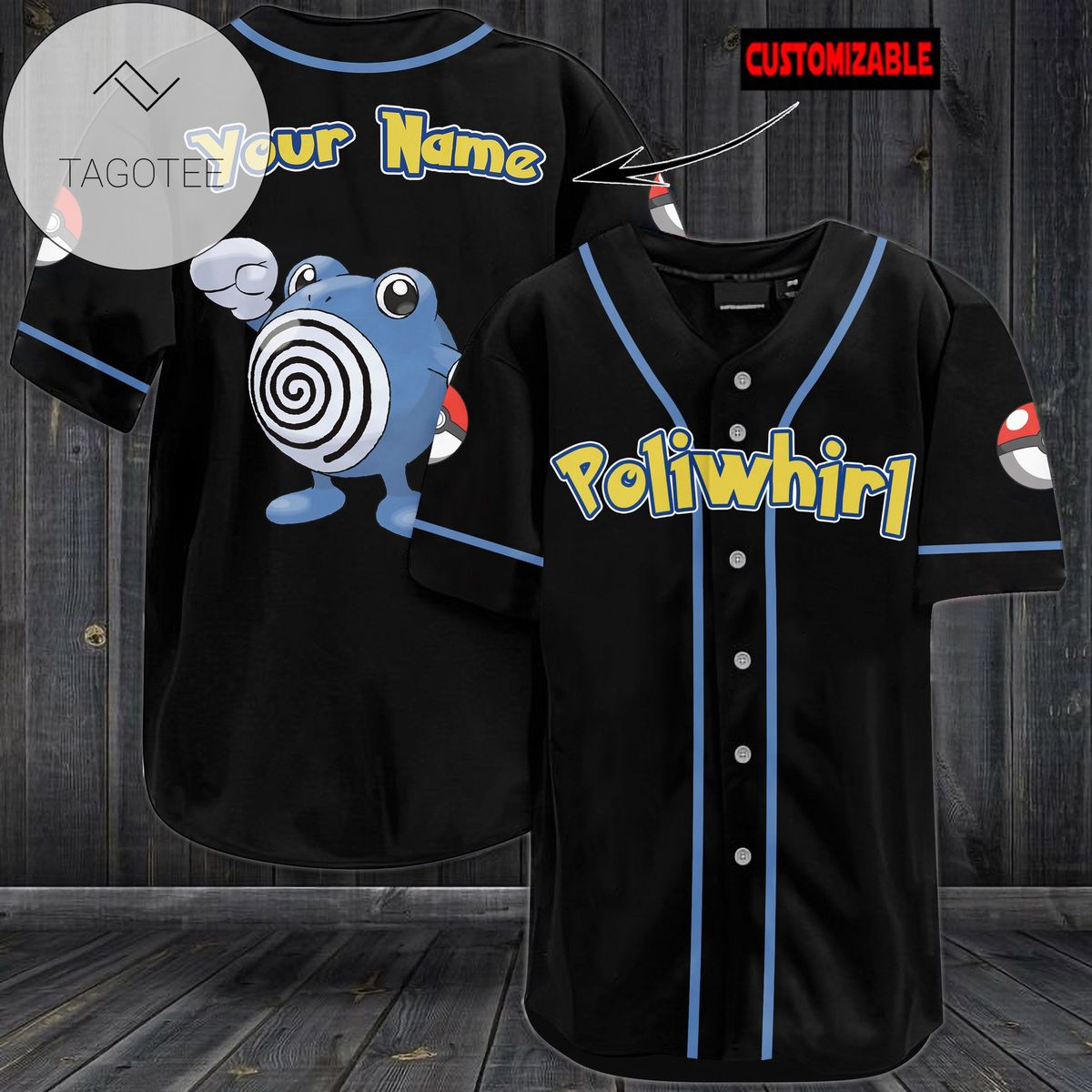 Personalized Poliwhirl Baseball Jersey - Black