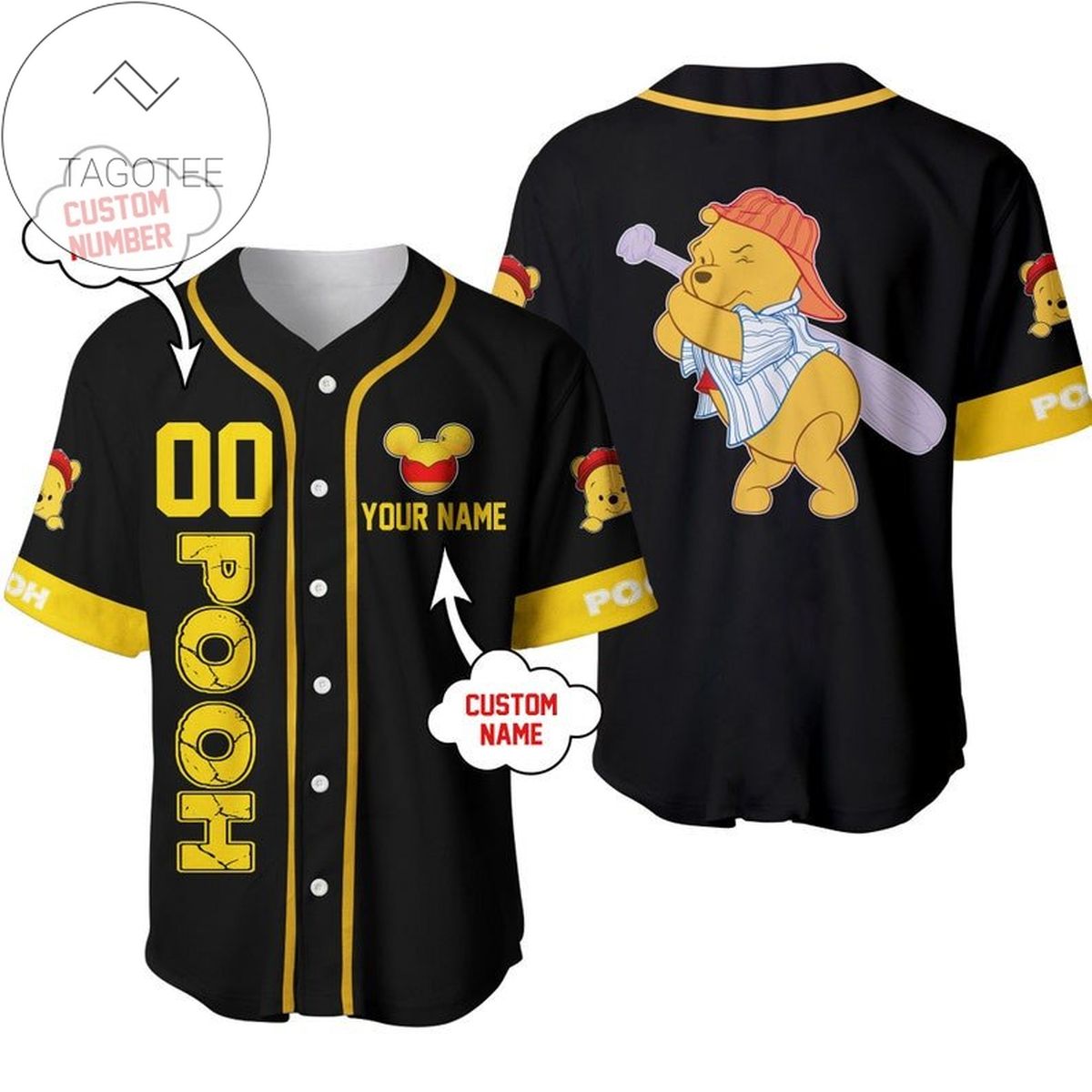 Personalized Winnie The Pooh Playing Baseball All Over Print Baseball Jersey - Black