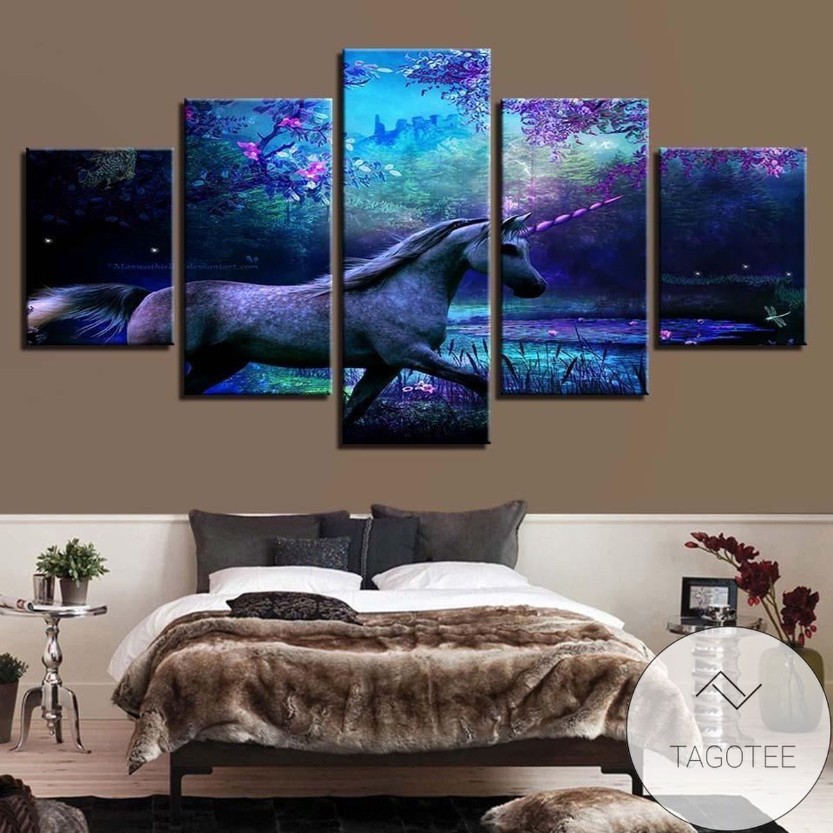 Purple Forest Unicorn Abstract Animal Five Panel Canvas 5 Piece Wall Art Set