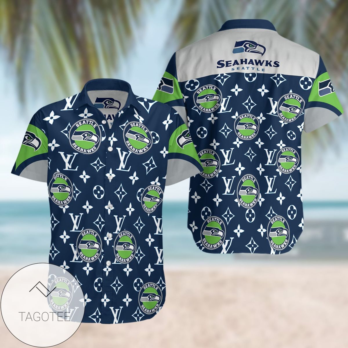 Seattle Seahawks LV All Over Print Summer Short Sleeve Hawaiian Beach Shirt - Navy