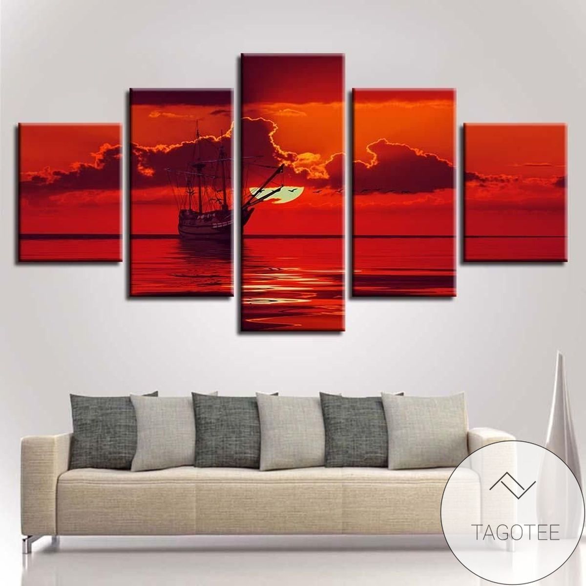 Ship And Red Sun Seascape Nature Five Panel Canvas 5 Piece Wall Art Set