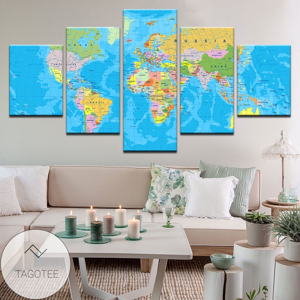World Map Five Panel Canvas 5 Piece Wall Art Set