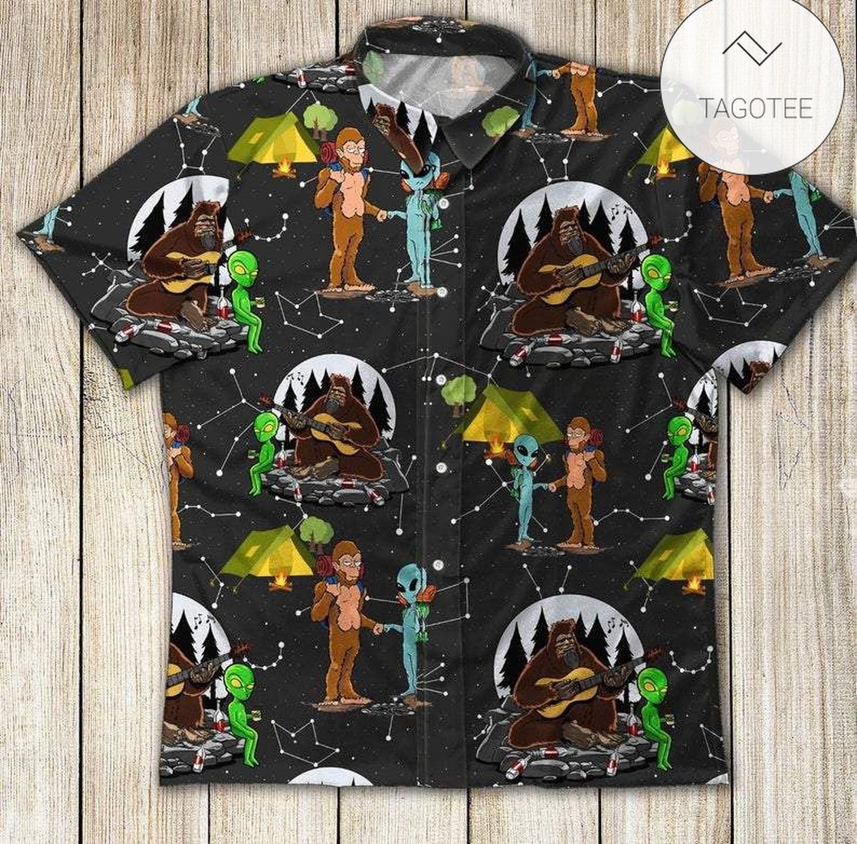 Alien Camping Hawaiian Shirt Alien Camping With Bigfoot Pattern Black Hawaii Aloha Shirt
